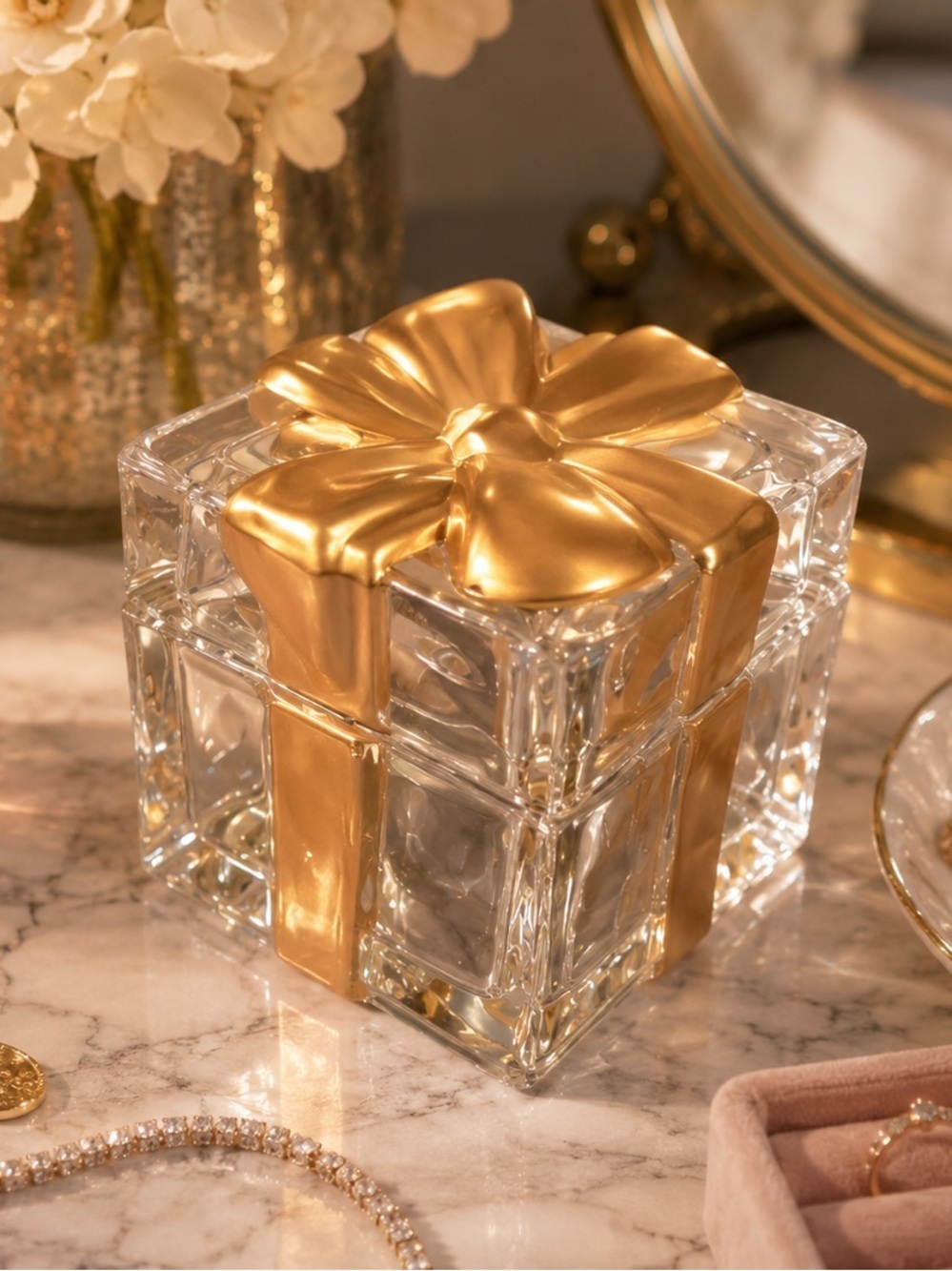 Glass Gift Box Trinket Holder | Gold Bow Jewelry Box | Decorative Vanity Storage